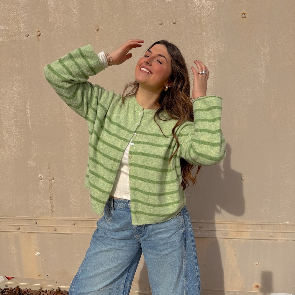 Women’s Light Green Striped Soft Knit Button Cardigan